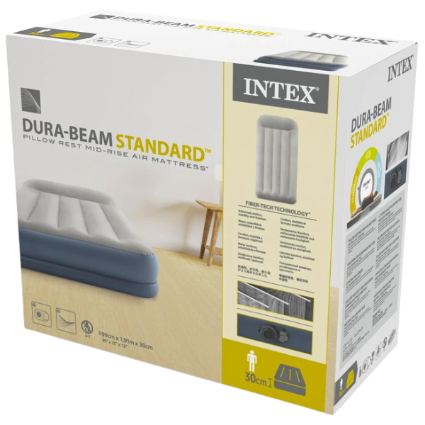 INTEX Надувной матрас “Velur MID-Rise Air” 99х191х30 см с подголовником и встр.насос 220В, до 136 кг